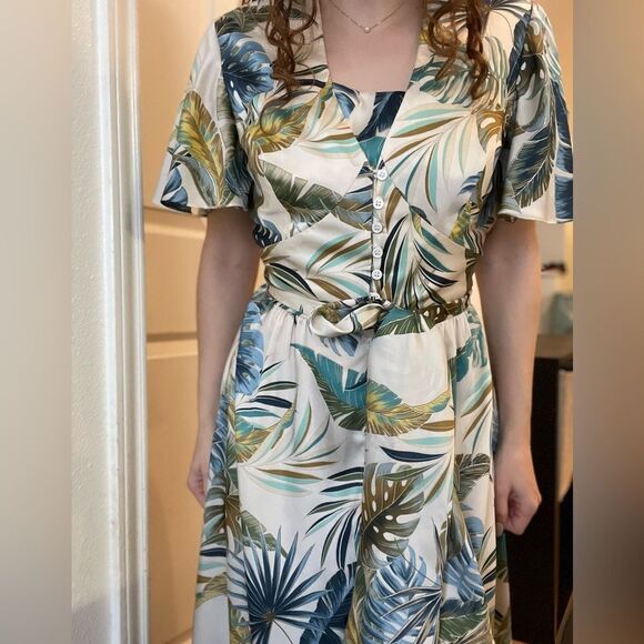 Petersyn Tayla Tropical Satin Belted Midi Dress Size Medium - Picture 6 of 6